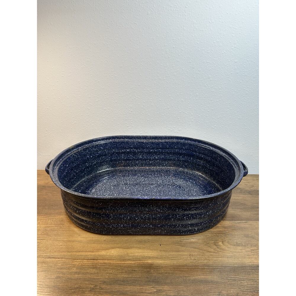 Vintage Blue Speckled Enamel Roaster Pan w Lid Large Graniteware